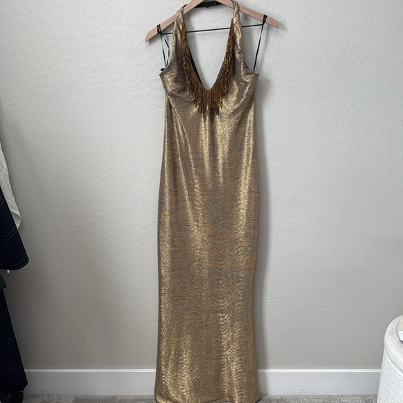 BELLE Badgley Mischka Gold Fringe Beaded Neckline Halter Dress Gown Size 6 - Picture 1 of 7